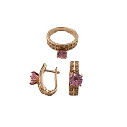 Набор серьги с кольцом циркон розовый позолоченный