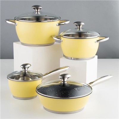 Набор посуды «Фрэш», 4 предмета: кастрюли 3,2/5,1 л, ковш 1,6 л, сковорода d=24 см, крышки, цвет жёлтый