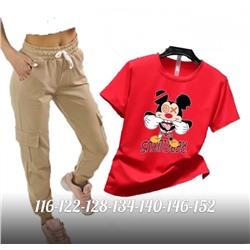 Детский костюм красная футболка Микки и брюки с карманами бежевые Xi