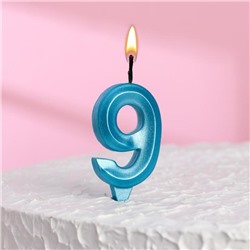 Свеча в торт "Грань", цифра "9", голубой металлик, 7.8 см