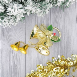 Украшение новогоднее "Колокольчики на колечке с ленточкой и цветком" 12х22 см, золото