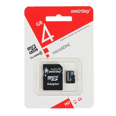 Карта памяти microSDHC Smartbuy 4GB, class 4 + адаптер