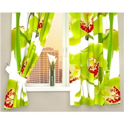 Фотошторы кухонные "Зелёная орхидея", ширина 145 см, высота 160 см-2 шт., габардин